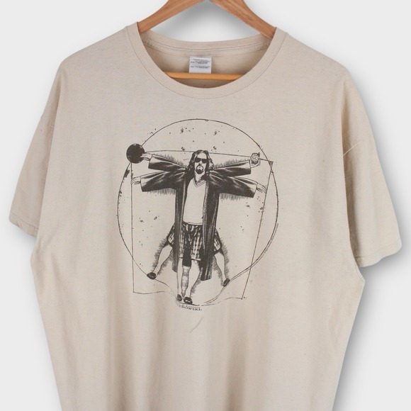 Vintage Big Lebowski Vitruvian Dude T-Shirt XL Gildan Cotton Beige Movie Tee - Picture 2 of 5
